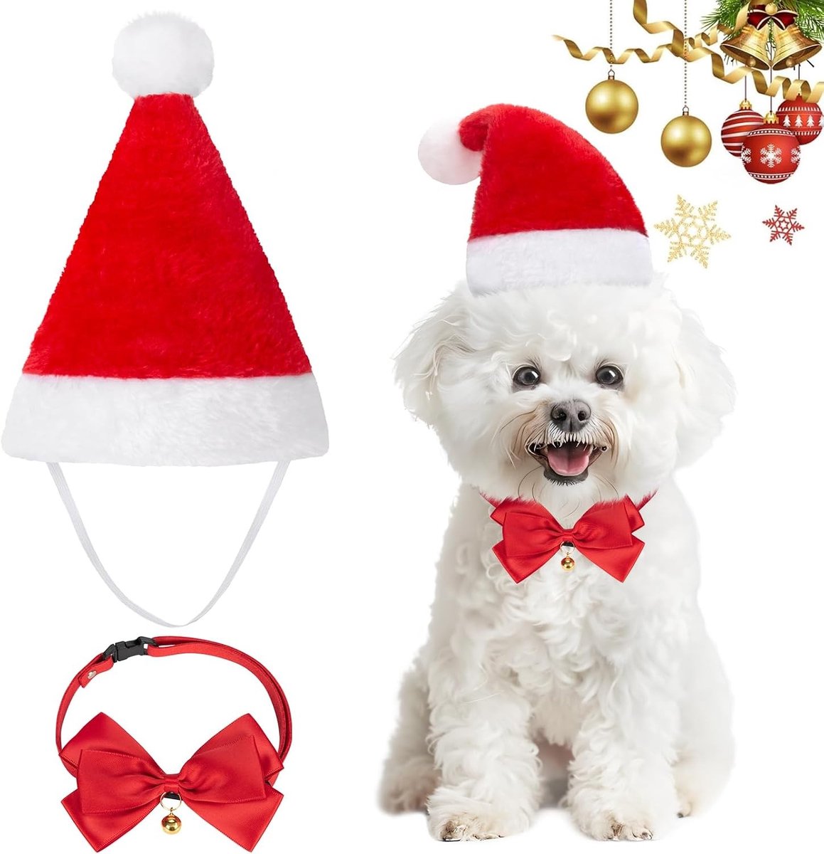2-delige kerstoutfit voor honden en katten, inclusief kersthoed en strik, schattige huisdieraccessoires voor de feestdagen