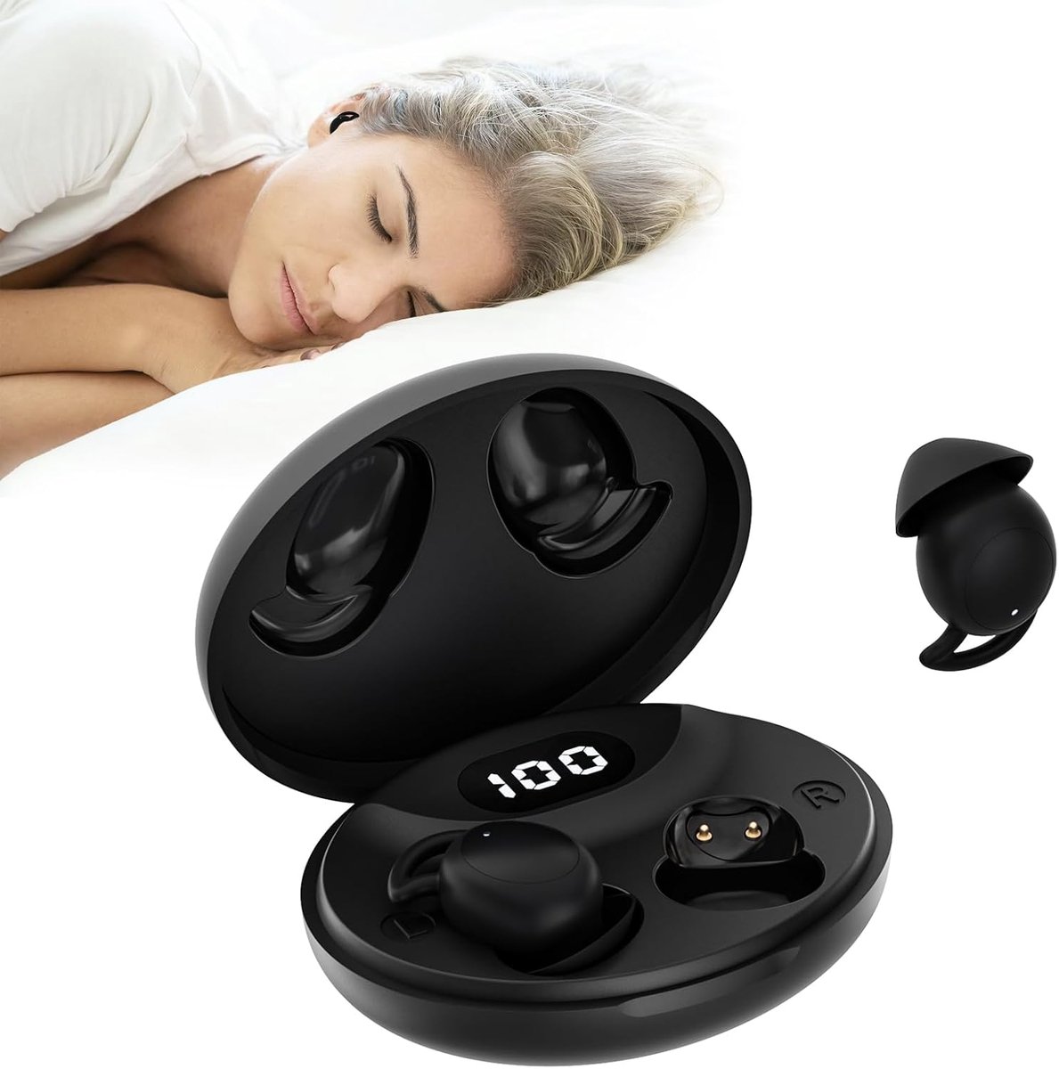 Slaapkoptelefoon voor zijslapers, mini-in-ear Bluetooth-koptelefoon voor slapen met led-display, draadloze waterdichte, onzichtbare koptelefoon voor slapen, sporten en reizen (zwart)