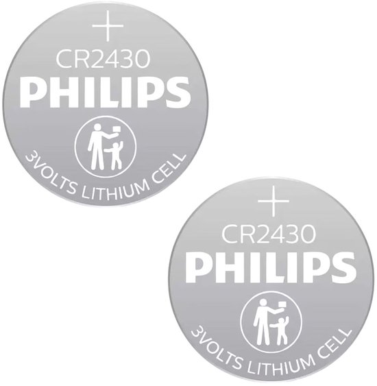 Twee grijze CR2430 Philips 3 Volt Lithium cellen met kinderbeveiliging symbool.