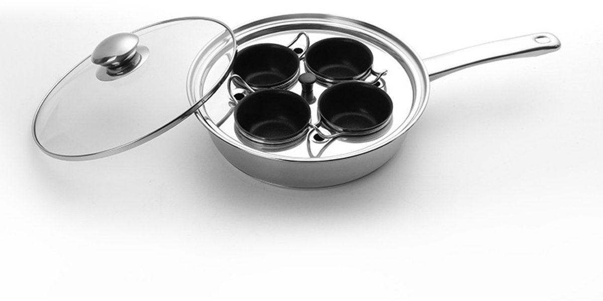 Eierstroperpan met anti‑aanbaklaag, inductiebestendig roestvrij staal, voor 4 eieren, 22.3cm zilver, perfect voor gepocheerde eieren als ontbijt