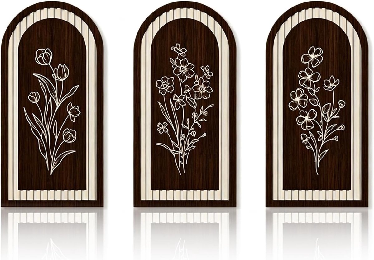 3 Stuks Boho Wanddecoratie - Houten Geometrische Planten Wanddecoratie voor Minimalistische Woonkamer - Vintage Wandkunst 40x20cm