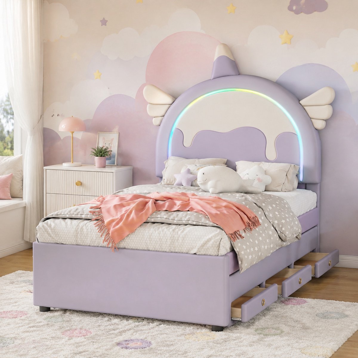 MIVRAY Kinderbed 90x200cm Zonder Matras - Eenpersoonsbed met Uittrekbed en Laden - Eenhoorn Design voor Kinderkamer - Kunstleer MDF - Paars