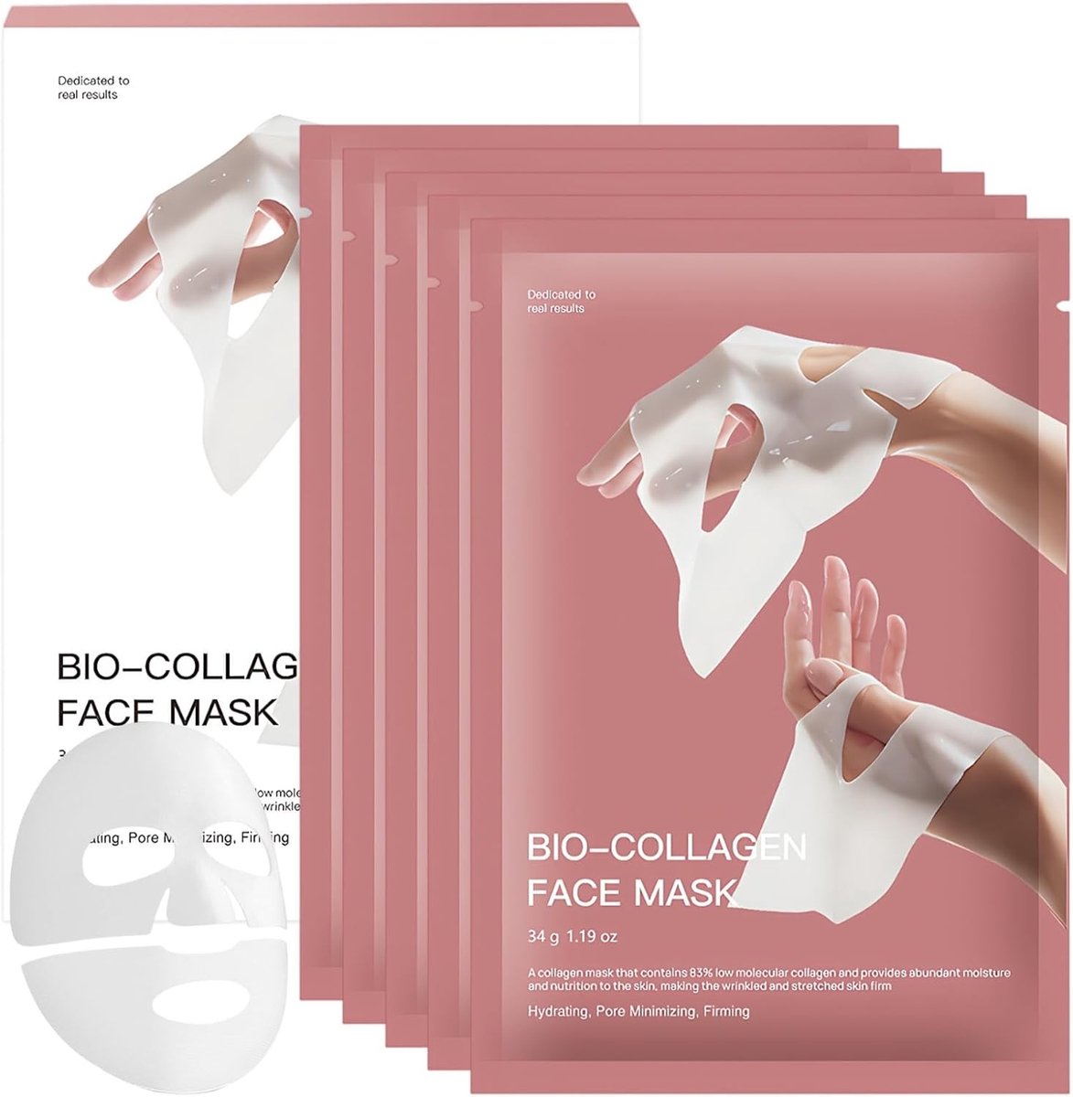 Set van 5 biologische collageenmaskers: hydraterend, anti-aging en verstevigend, geschikt voor alle huidtypes