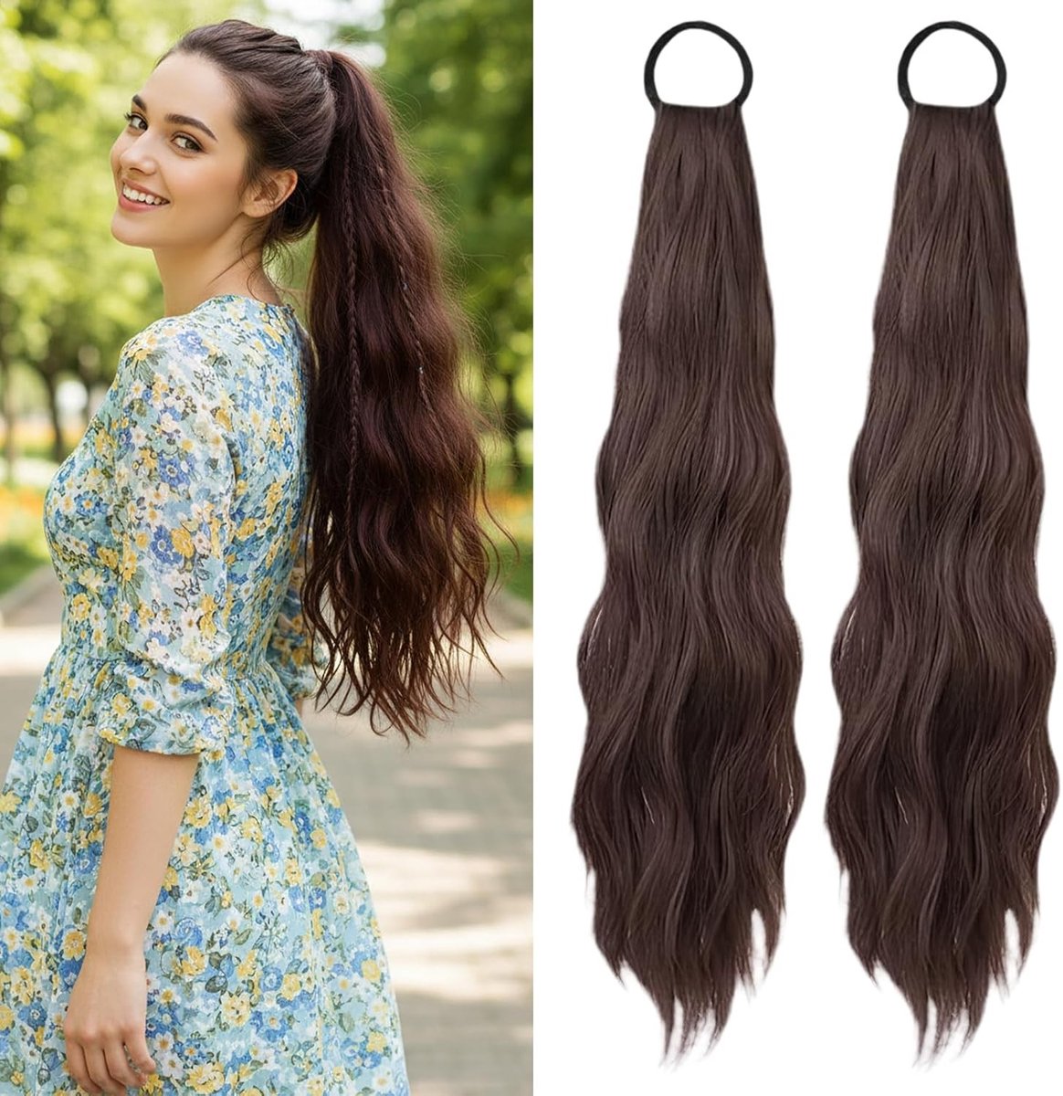 Natuurlijke Ponytail Extensions 45 cm Donkerbruin Haar met Echte Krullen en Elastische Band voor Dagelijks Gebruik en Speciale Gelegenheden