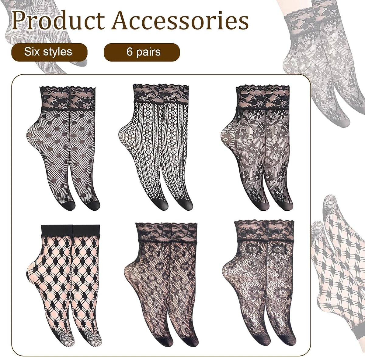 Korte Transparante Dames Sokken - 6 Paar Dunne Doorzichtige Kousen voor Vrouwen, Meisjes en Lolita Fashion, One Size (Zwart)
