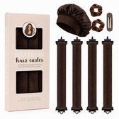Heatless Curls Set - 8-Delig - 4 Haarrollers 27,5 cm - Slaapmuts, 2 Scrunchies & Haarklem - Blowout Krulspelden - Krullen Zonder Hitte - Bruin