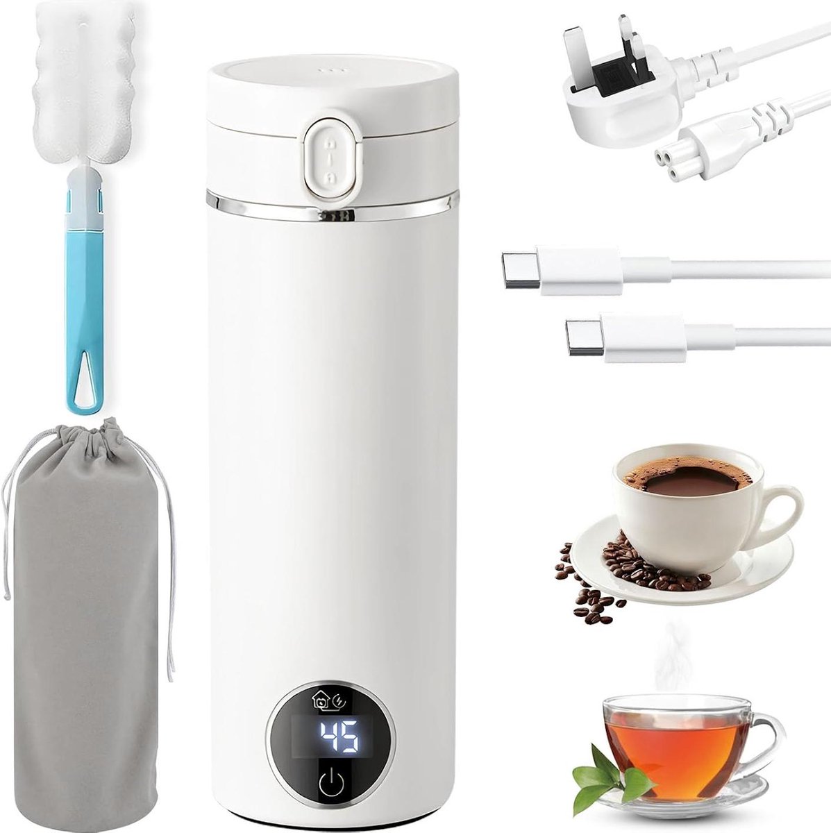 Draagbare Reiswaterkoker - 500 ml - Elektrische Waterkoker met USB-C - 6 Instelbare Temperatuurstanden - Dubbele Voedingsmodus - Voor Thuis, Kantoor en Reizen