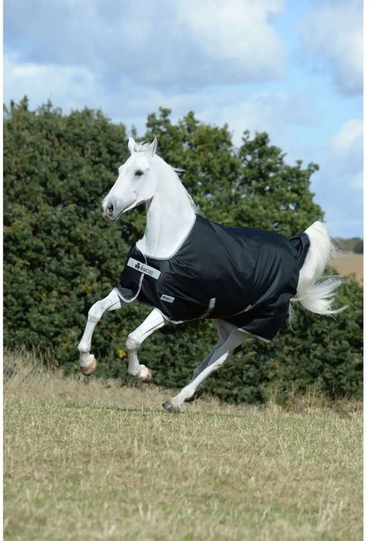 Wit paard in galop in een weiland, draagt een zwarte Bucas deken.