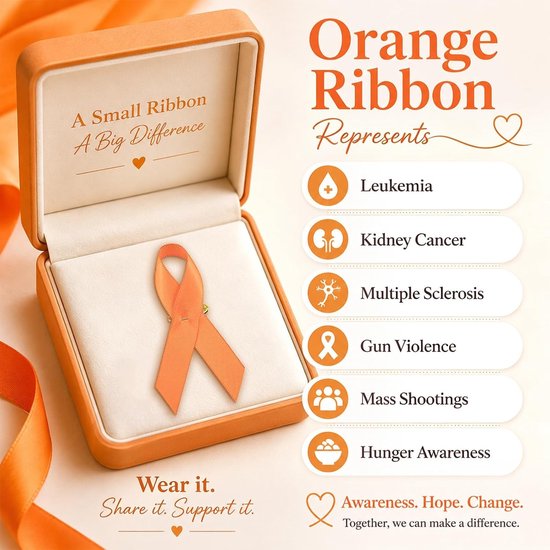 100 Stuks Satijn Ribbons Pins voor Kankerbewustzijn, Leukemie en Geweld - Oranje - 7.5 x 4 cm — afbeelding 4