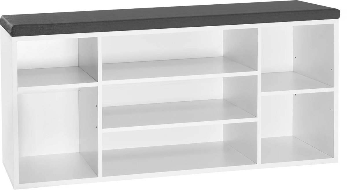 Klarven® Schoenenkast Wit met Zitbank - Schoenenkastje - Schoenenrek met Zitbank - 7 Vakken Verstelbare Planken - Zacht 30 mm Zitkussen, Wasbare Hoes - Draagvermogen 200 kg