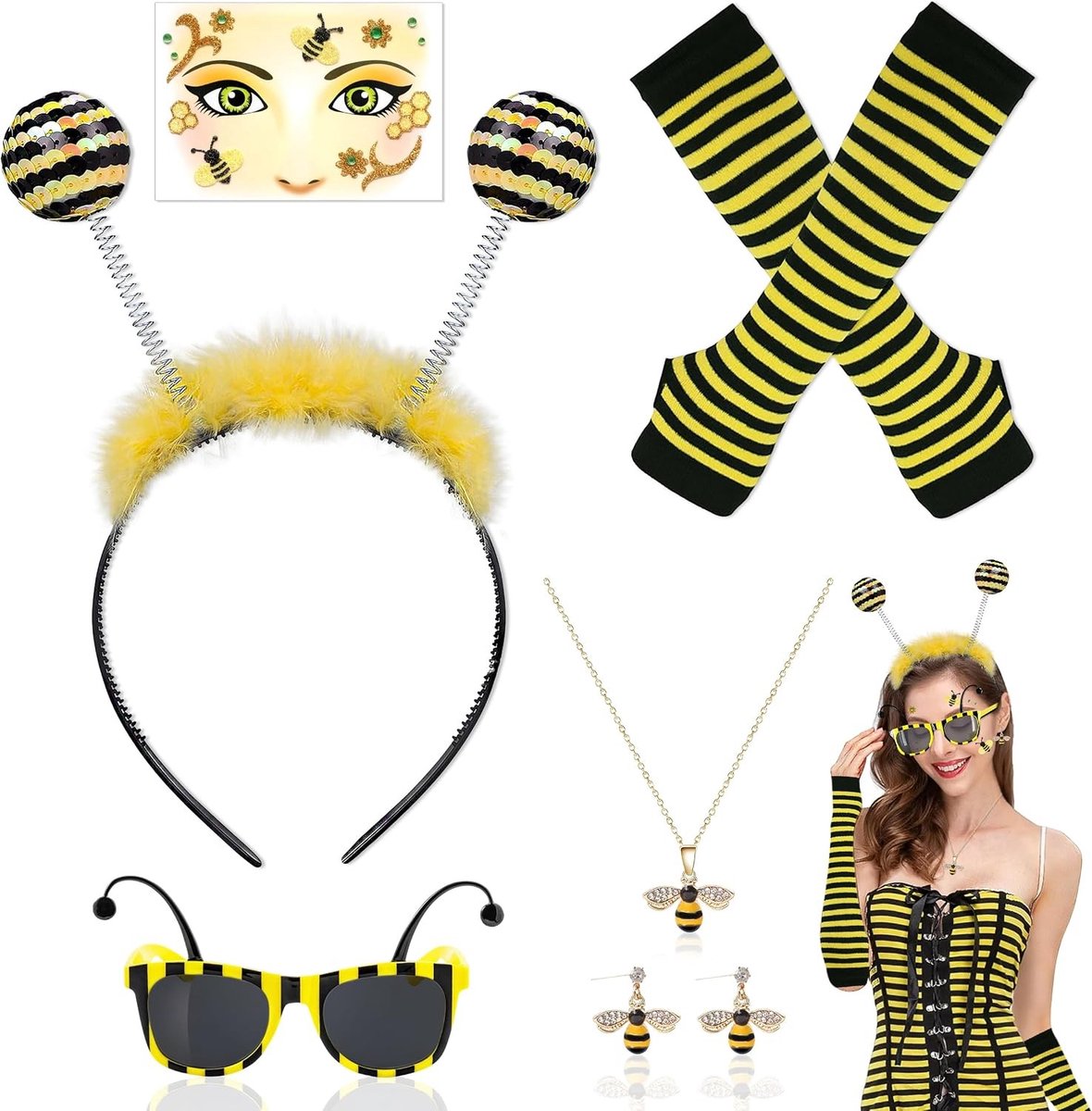 Bijen Kostuum voor Dames met Haarband, Bril, Ketting, Oorbellen, Handschoenen en Gezichtstatoeage voor Carnaval en Feestjes - 6 Delig Set met Bijenthema