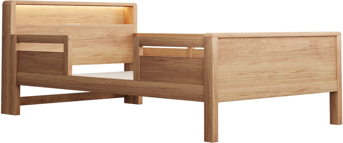 WUVRIE Kinderbed 90x200 cm met LED, USB- en Type-C-aansluiting en opbergruimte, naturel