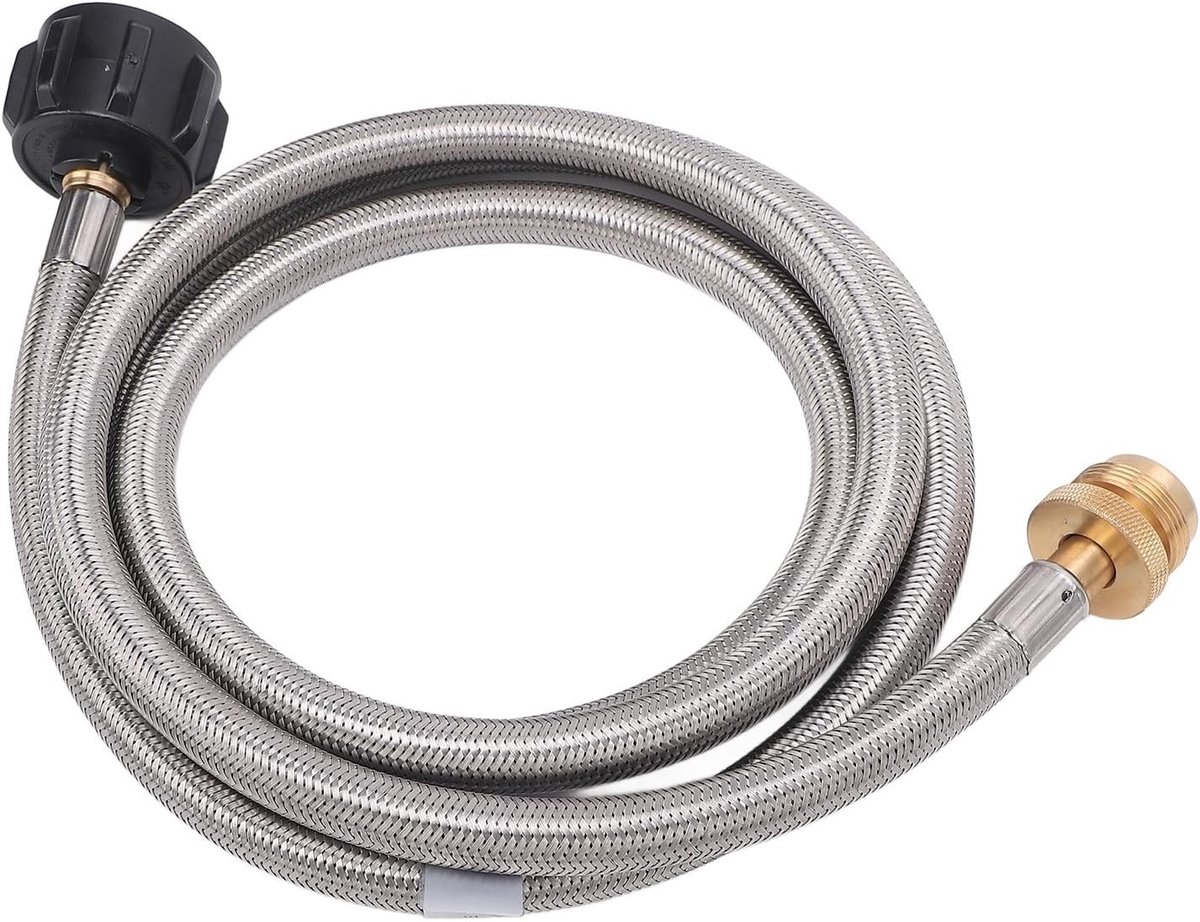 Gas Tank Adapter Slang 1.5 m, Roestvrij Staal met Messing Aansluitingen voor Buddy Heater en Camping Grills, Ideaal voor Buiten Koken en Barbecueën