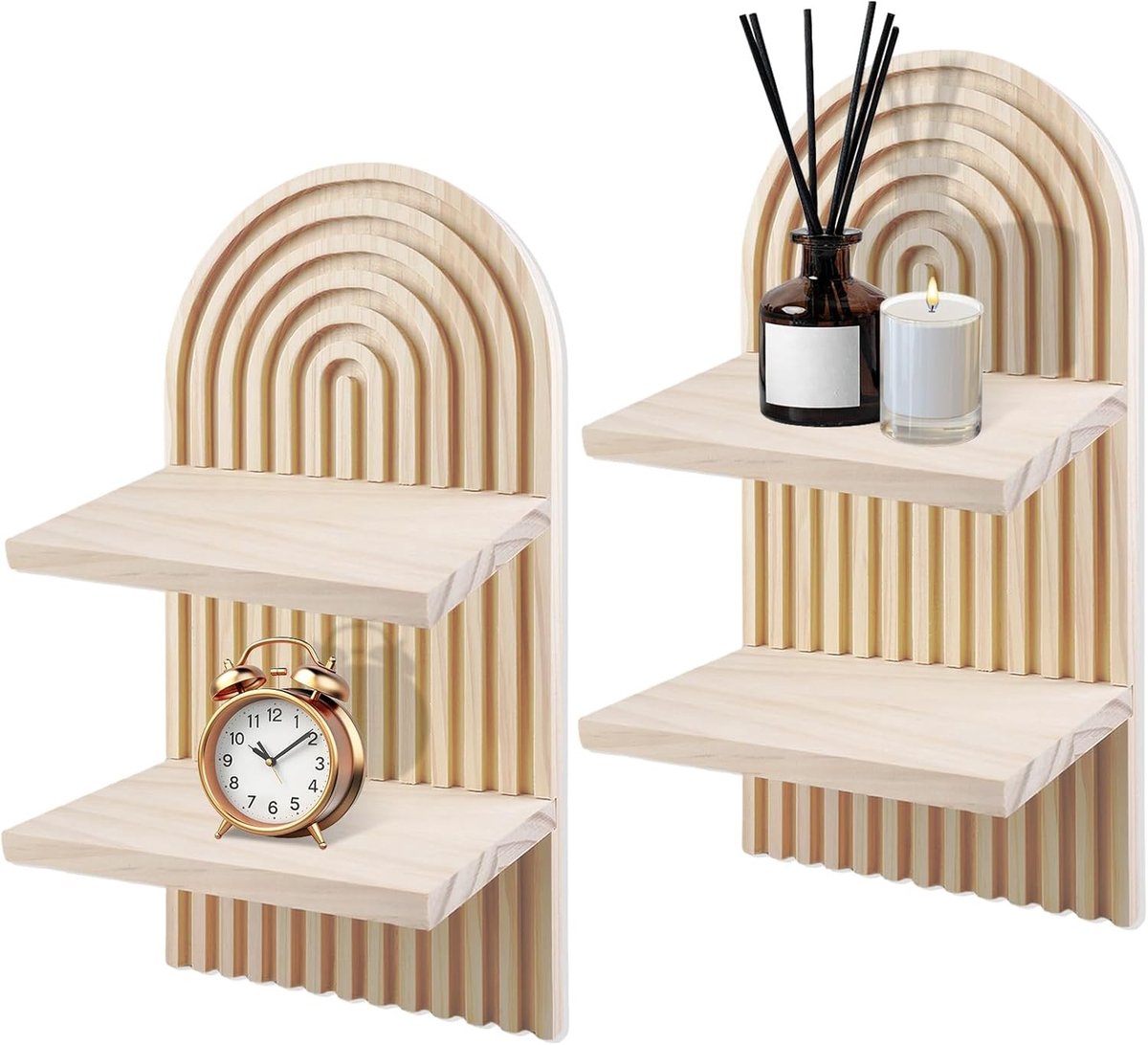Dubbele Laag Wandplank Set van 2, Bohemian Wandplanken van Hout, Decoratieve Planken voor Foto's en Kaarsen, Boho Interieur Decoratie, Multifunctionele Wanddecoratie