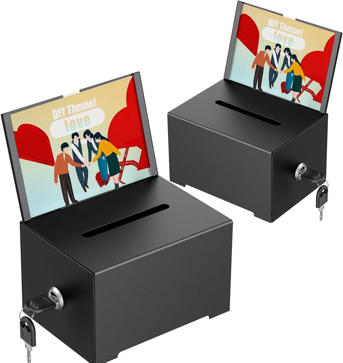 2 Metalen Geschenkdozen en Ideeën voor Fondsenwerving met Sleuf en Slot, Zwarte Urn met Displayhouder, Stemhouder voor Goede Doelen en Fooi
