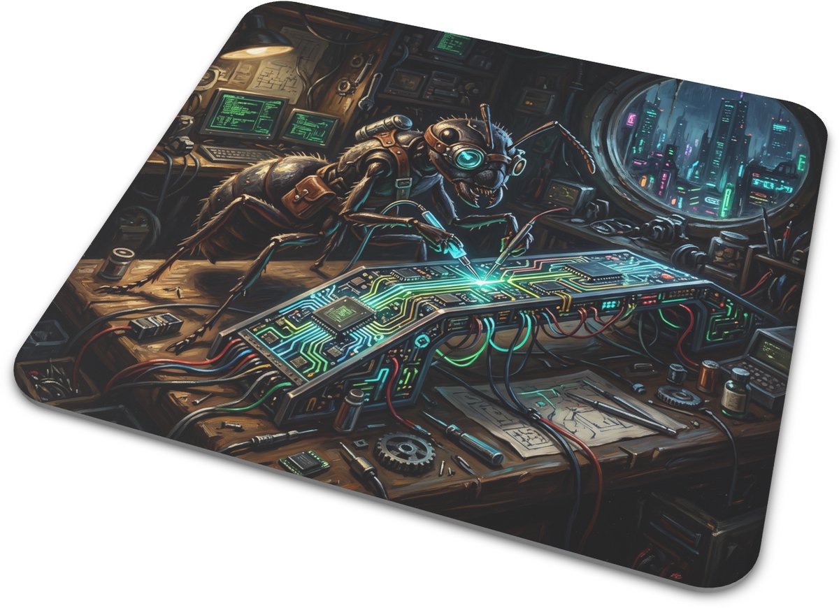 Muismat Cyberpunk Mier Ingenieur Olieverf Schilderij Kunst met Neon Print Sci-Fi Bureau Accessoire 22x20 cm