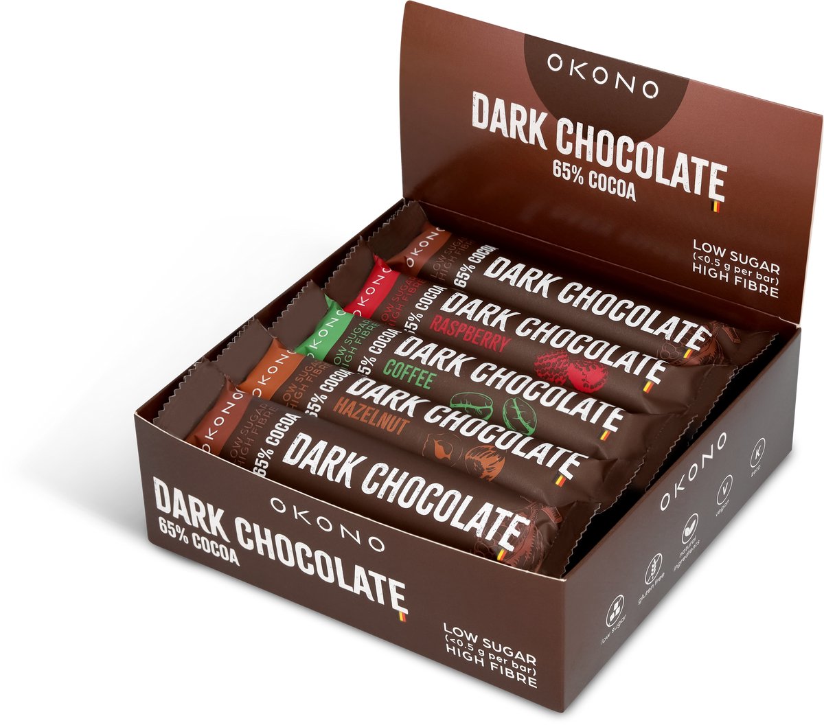 OKONO Dark Chocolate Mix Display - 20 Repen Pure Chocolade Zonder Toegevoegde Suikers - Keto Chocolade in 7 Smaken - Glutenvrij en Vegan