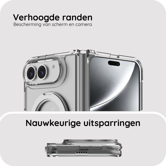 Transparant hoesje met verhoogde randen rond camera en scherm, plus uitsparingen voor poorten.