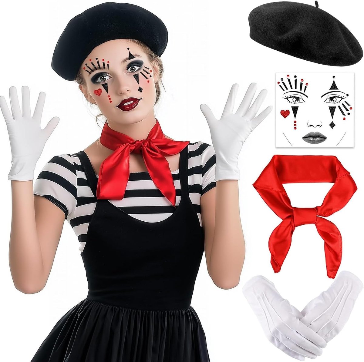 Pantomime Kostuum voor Vrouwen - 4-delig Clown Carnaval Outfit met Beret, Handschoenen en Gezichtsverf voor Themafeesten en Cosplay