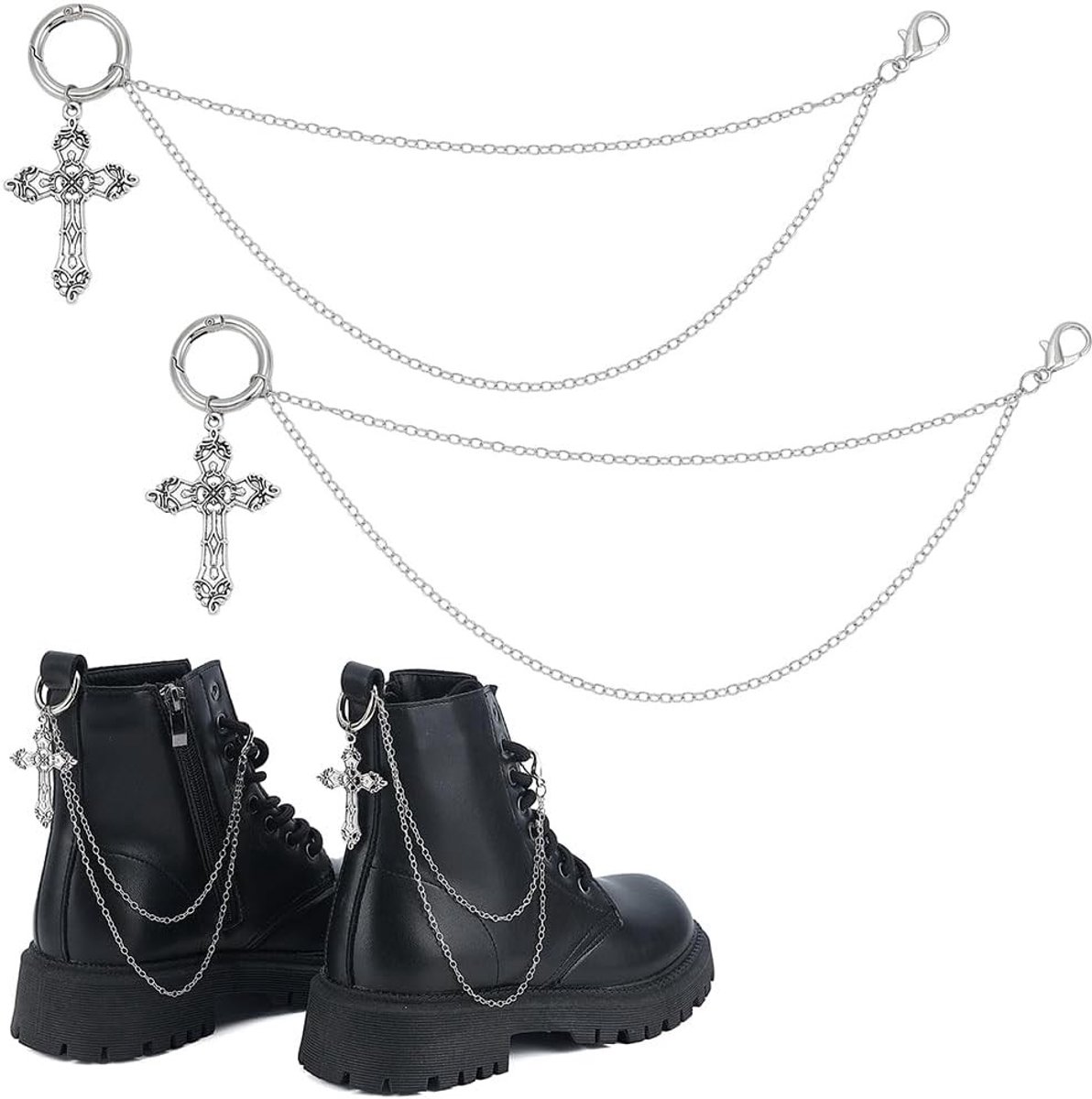 2 Stuks Boot Chain Metalen Cross Schoen Hangers met Verstevigde O-Ringen en Klemmen, Goth Punk Schoenaccessoires voor Mode en Styling