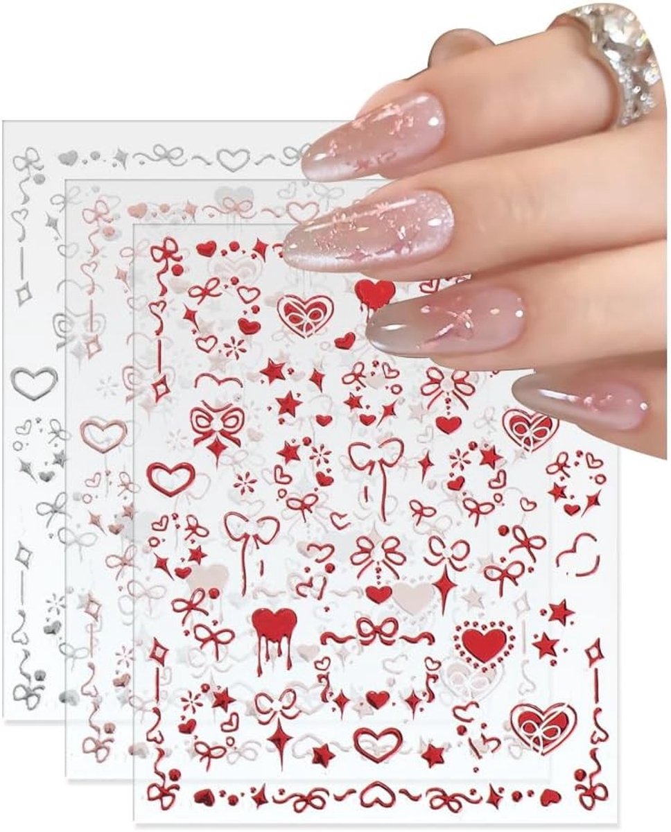 Schattige Valentijns Nagelstickers in Rood, Zilver en Roze met Hart, Strik en Ster Ontwerpen voor Manicure Decoratie bij Feestjes en Verjaardagen