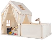 COSTWAY 2-in-1 kindertent met looprek, kinderspeelhuis voor binnen met mat & lichtketting, grote kinderspeeltent, speelgebied 177 x 97 x 136 cm, tent kinderkamer voor jongens en meisjes (beige)