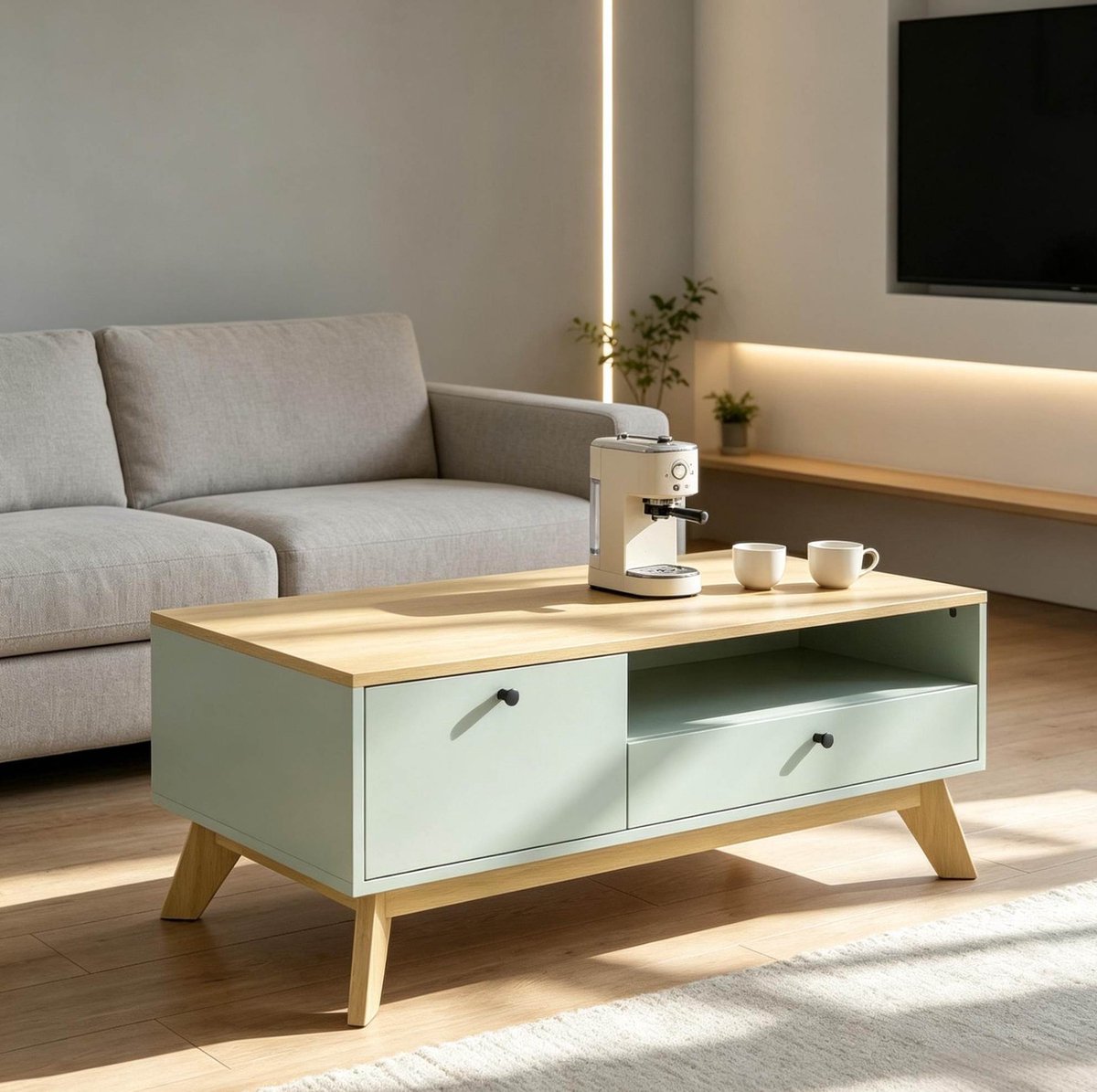 MODENUIT Salontafel - Met Lade, Deur En Open Vak - Woonkamer - MDF - Lichtgroen Eikenlook - 100x50x40 Cm