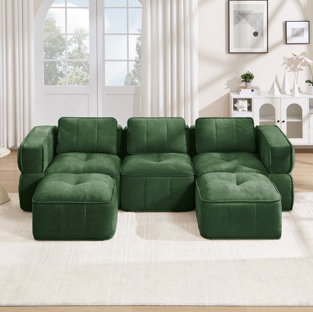 Wishdor U-bank - 3-zits modulebank met 2 hockers - Zonder montage, brede armleuningen, diepe zit - Modern design - Woonkamer - Polyester - Groen - 271 x 162 x 67 cm
