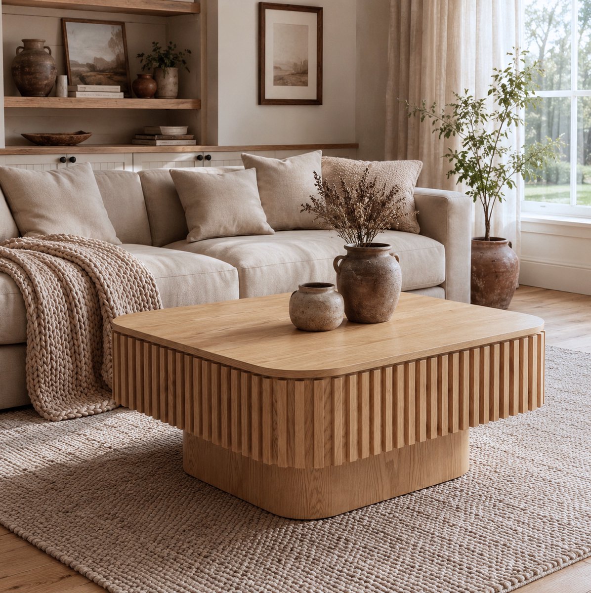 REDOM - Salontafel - Verborgen opbergruimte - Afneembaar flip-top deksel met geribbeld ontwerp - Modern - Woonkamer - MDF en fineer - Natuurlijk hout - 75 x 75 x 35 cm