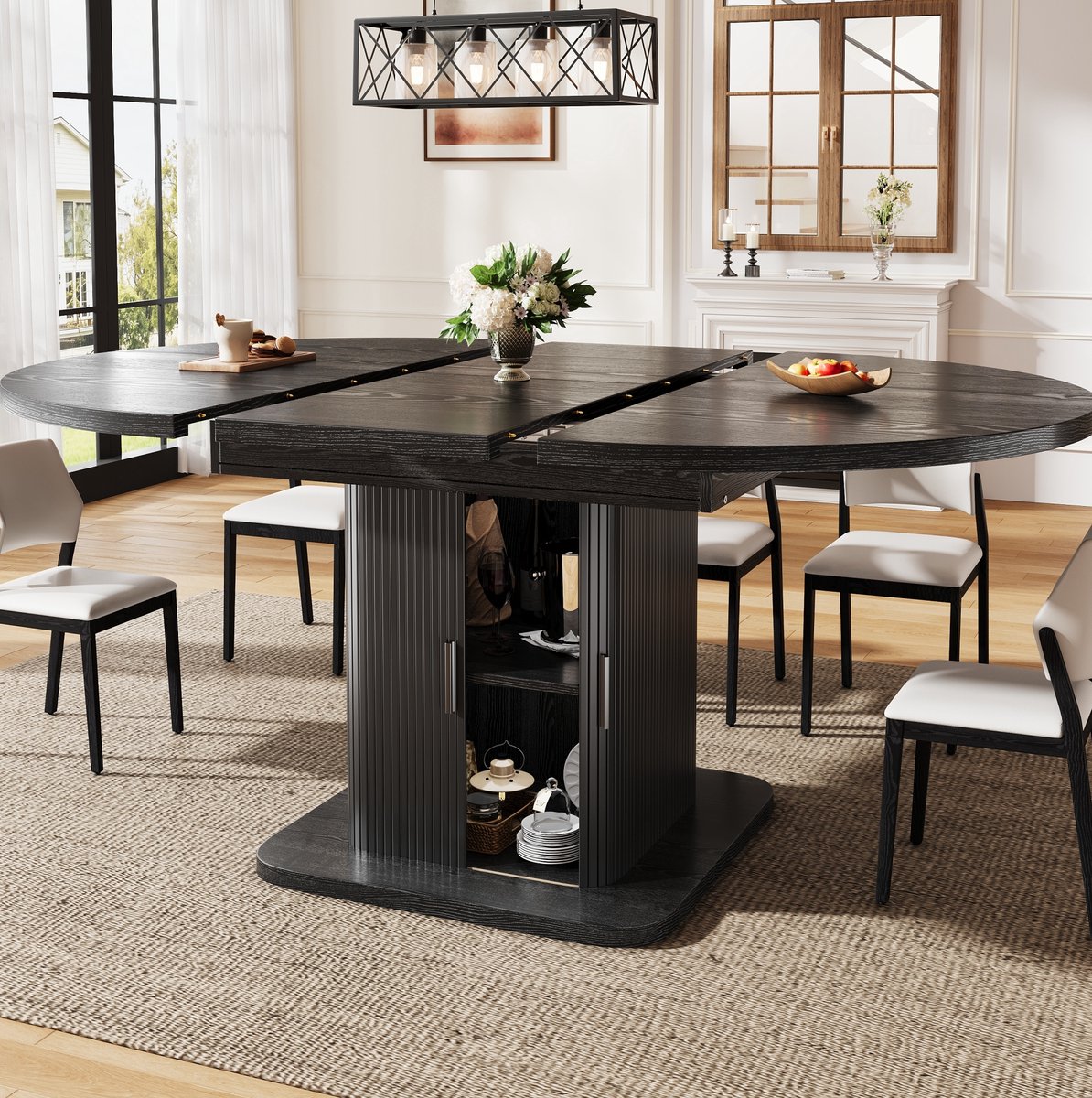 MODENUIT Eettafel - Uitschuifbaar Ovaal Met Opbergruimte - MDF En Metaal - 110-149,8x110x75 Cm - Zwart