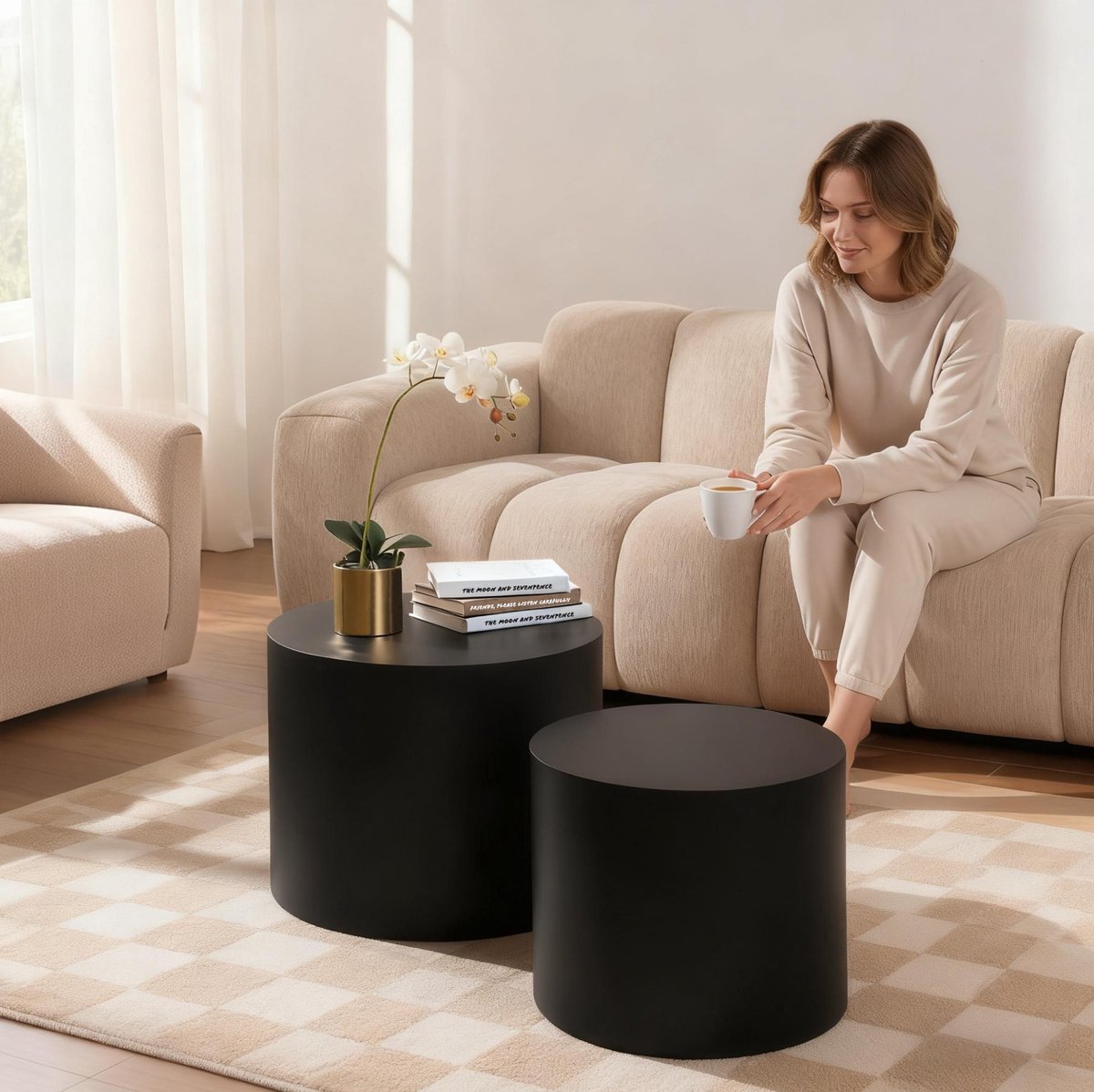 MODENUIT Bijzettafel Set - Rond Design Met Anti-Slip Voeten - Voor Woonkamer En Bureau - MDF - Zwart