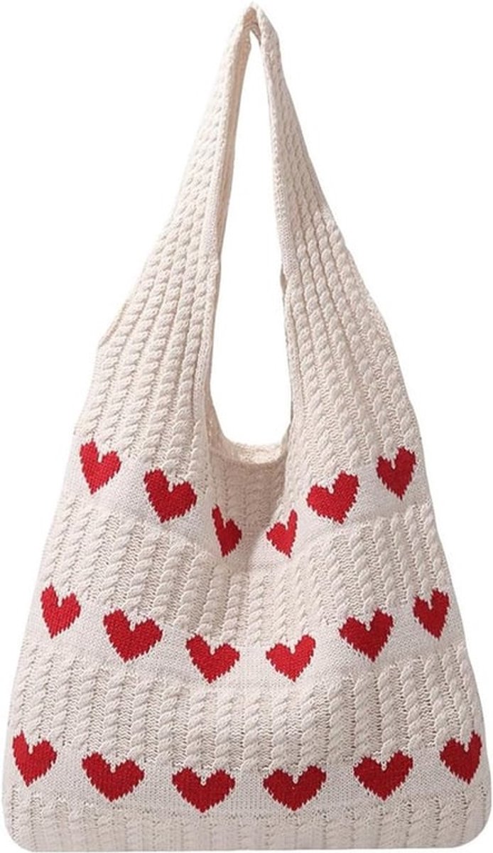Gebreide Hartvormige Shopper Tote Bag - Gehaakte Strandtas voor Dames - Winkelen, Vakantie, Reizen