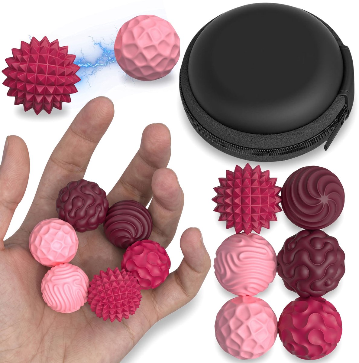 Magnetische SENSORISCHE ANTISTRESS ballen, SET 6 st. roze siliconen balletjes + ETUI