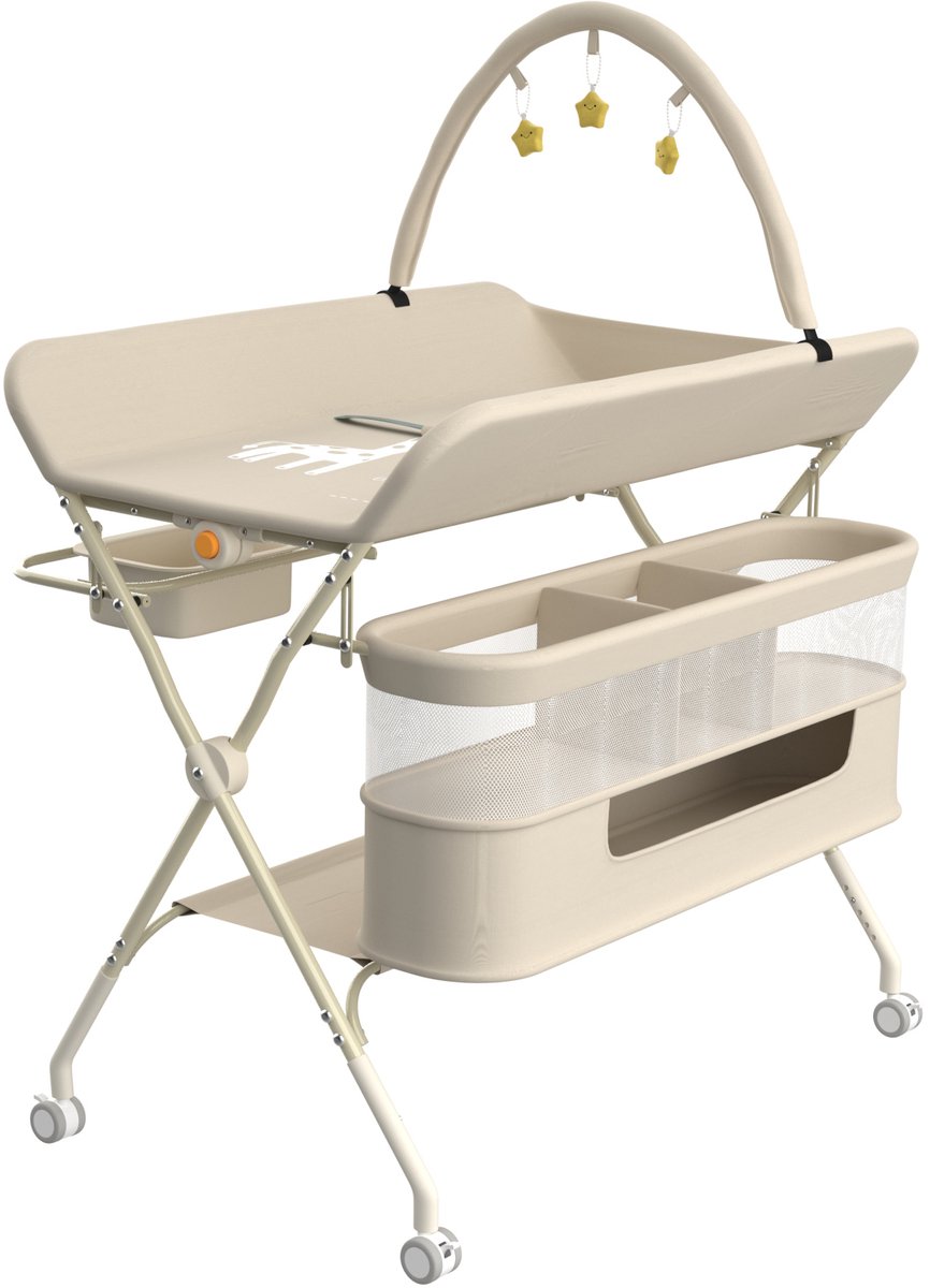 PIPIPOXER Luiertafel opvouwbaar - Verzorgingstafel - Met wielen -met babyspeeltjes, een zijbakje en opbergmand- Vrijstaande Verschoontafe- Zij Caddy - Verstelbare Hoogte - Opvouwbare & Mobiele commode - Wit