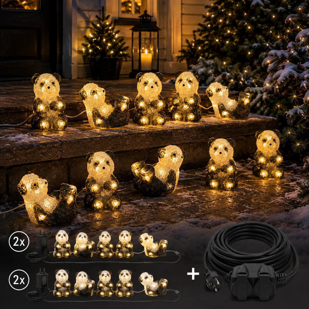 Panda kerstverlichting set - 2x lichtsnoer - incl. 10 meter verlengsnoer - 2 stopcontacten – foto 4