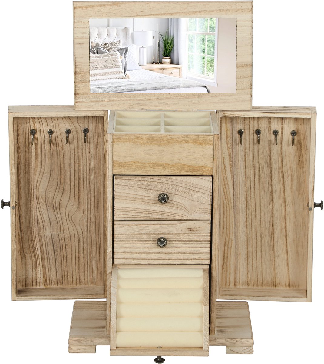 houten sieradenkistje en sieradendoos met 4 lagen spiegel bruin | Sieradenkast - laden - zijklepdeuren