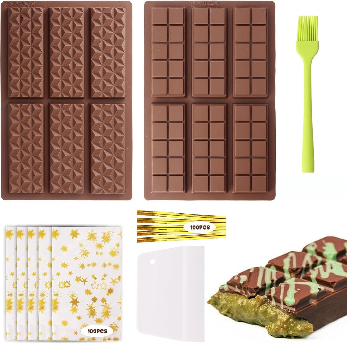 Set van 4 Siliconen Bakvormen voor Chocolade, Inclusief Spatel en Kwast, Perfect voor Chocolade Creaties en Bakprojecten