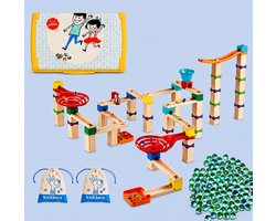 HAPE knikkerbaan Marble Cascade Block set + 200 extra knikkers + 2 katoenen knikkerzakjes + gele bewaardoos
