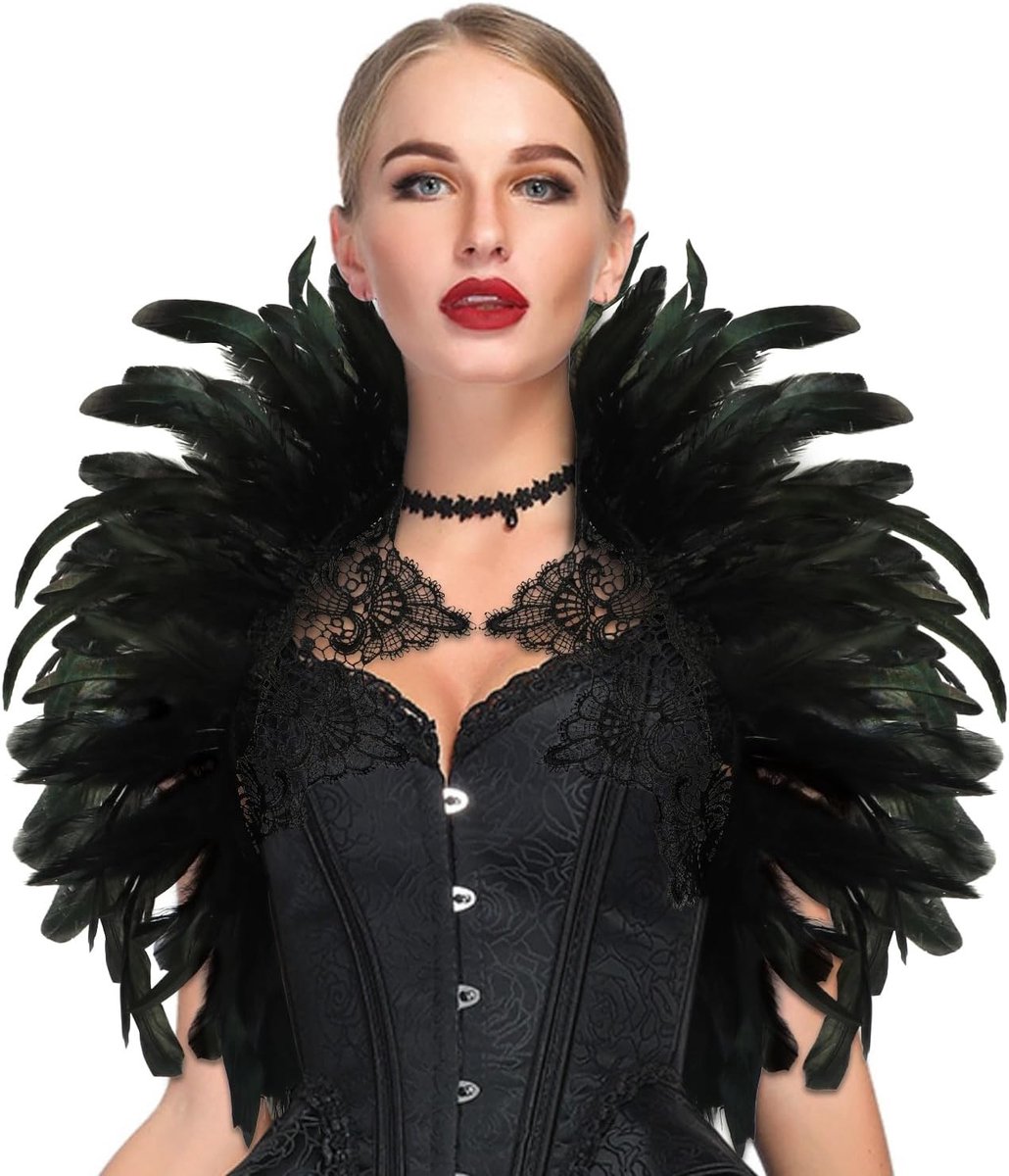Zwarte Kanten Gothic Kostuum met Federcape voor Vrouwen - Perfect voor Halloween, Carnaval en Cosplay