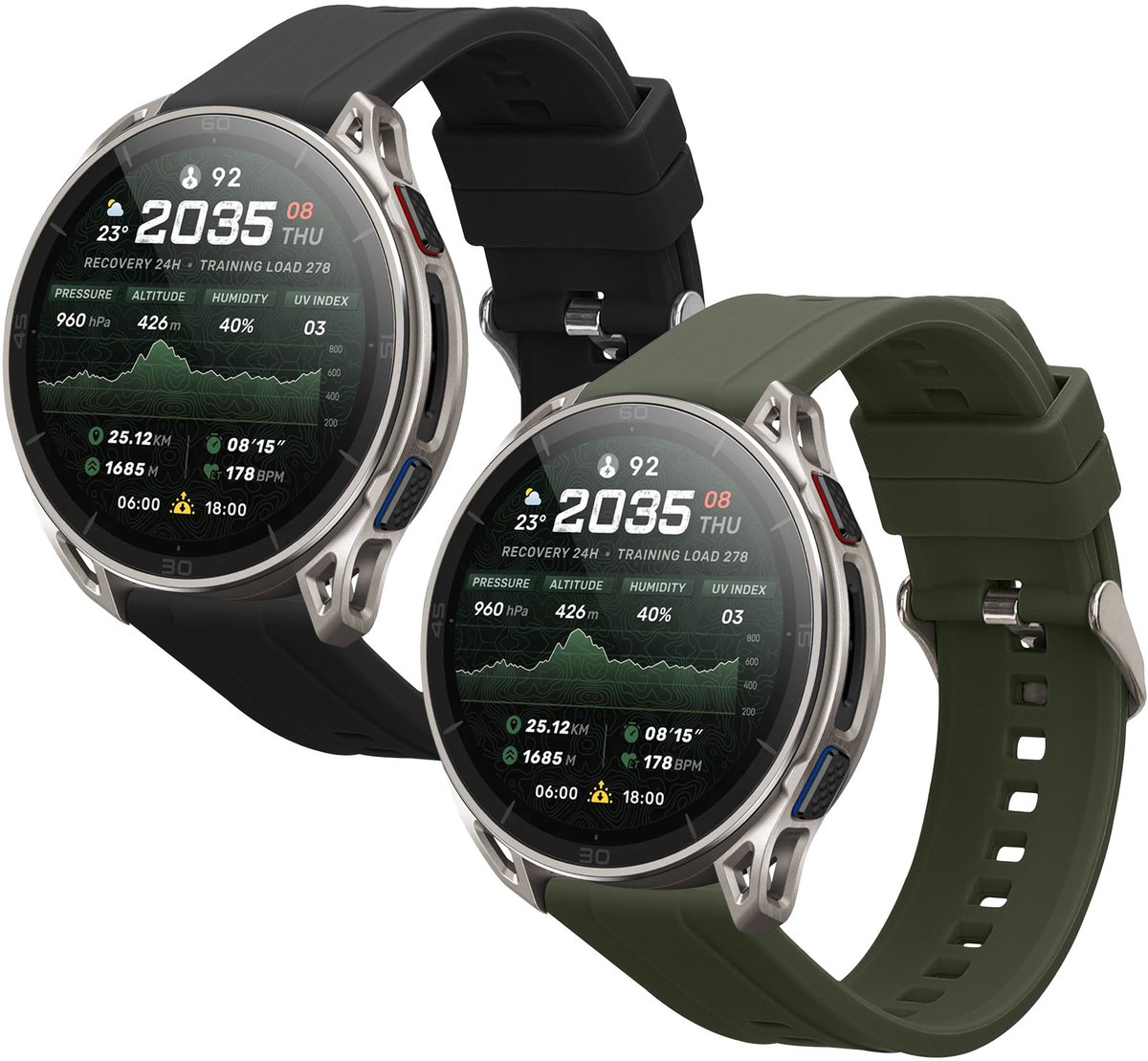 kwmobile 2x horlogebandjes geschikt voor Amazfit Cheetah 2 Ultra bandje - Smartwatch bandjes van TPU - Activity tracker horloge band in zwart / donkergroen
