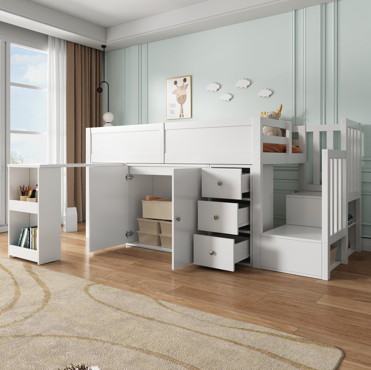 COVREO Hoogslaper met bureau – 90x200 cm – Kinderbed met opbergruimte – voor de kinderkamer – Wit - zonder matras