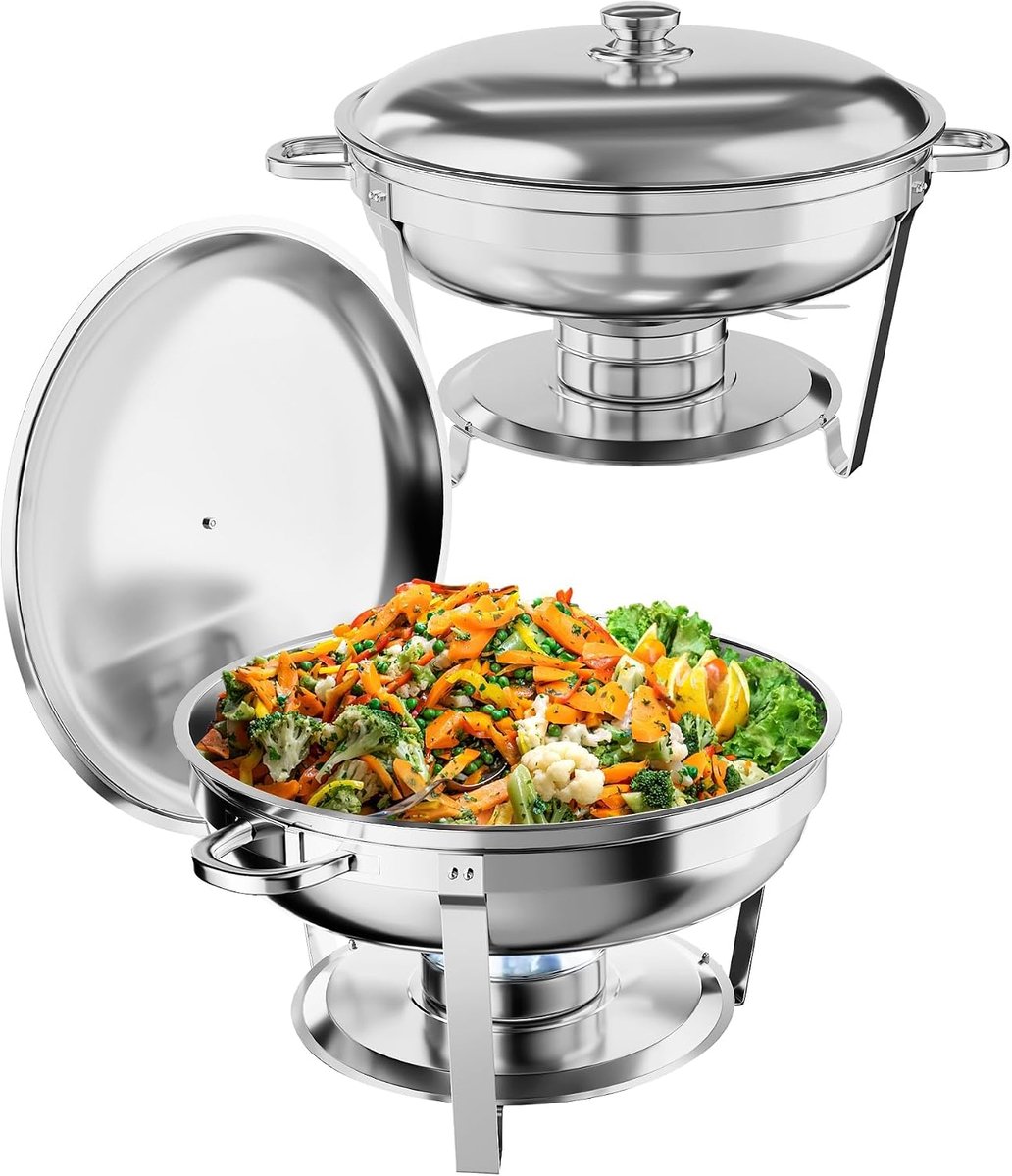 Chafing Dish Set van 2 - 5 Liter Ronde RVS Buffet Warmhouders - Complete Warmhoudschaal Set voor Catering, Bruiloft, Feest & Horeca - RVS Chauffe-Plat met Brandpasta Houder