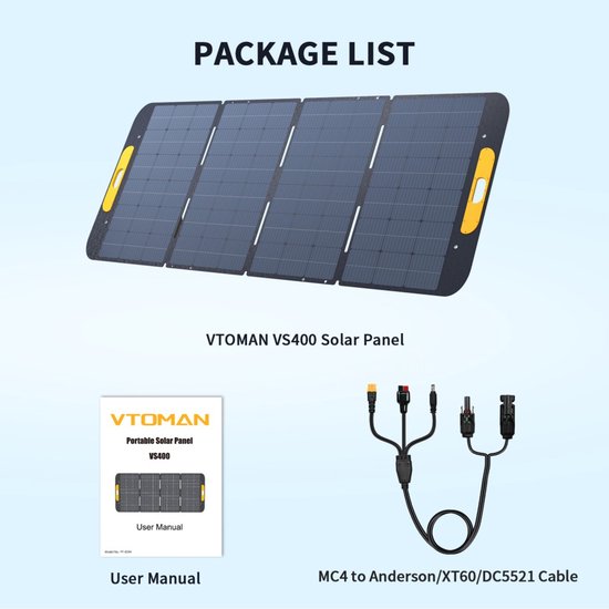 VTOMAN VS400 400W opvouwbaar zonnepaneel, 23% hoogrendements monokristallijne cellen, IP67 waterdicht ETFE-oppervlak, verstelbare standaard, MC4-connector voor draagbare stroomstations — afbeelding 3