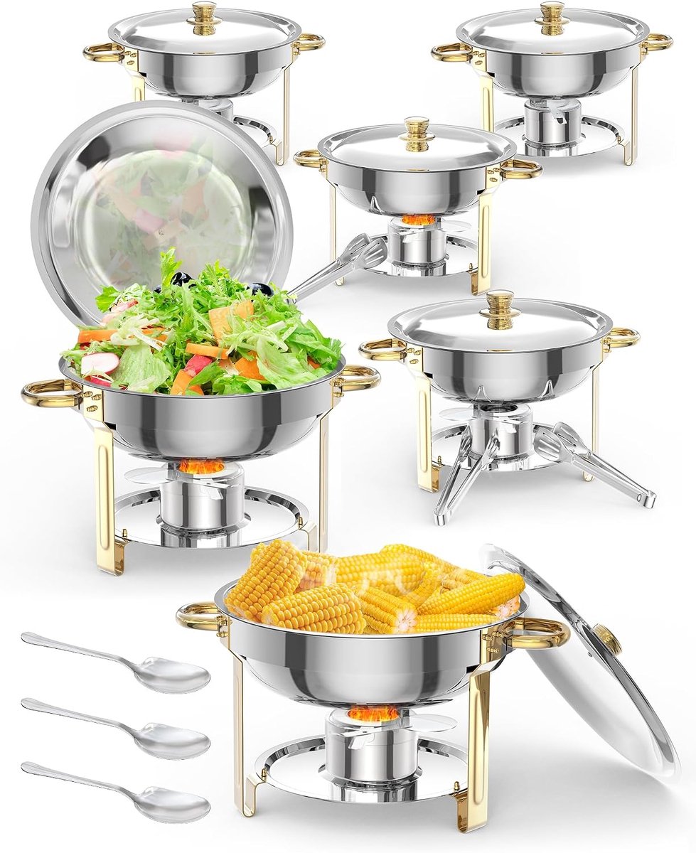 Chafing Dish Set van 6 - 5 Liter Ronde RVS Buffet Warmhouders - Goud - Inclusief Opscheplepel & Tang - Warmhoudschaal voor Catering, Bruiloft & Feest - Gouden Accenten