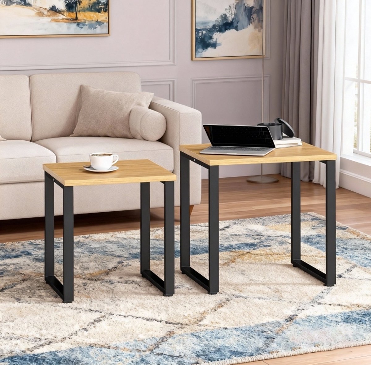 MODENUIT Salontafel Set van 2 - Metalen Frame En Houtlook - Woonkamer En Slaapkamer - Hout - Naturel