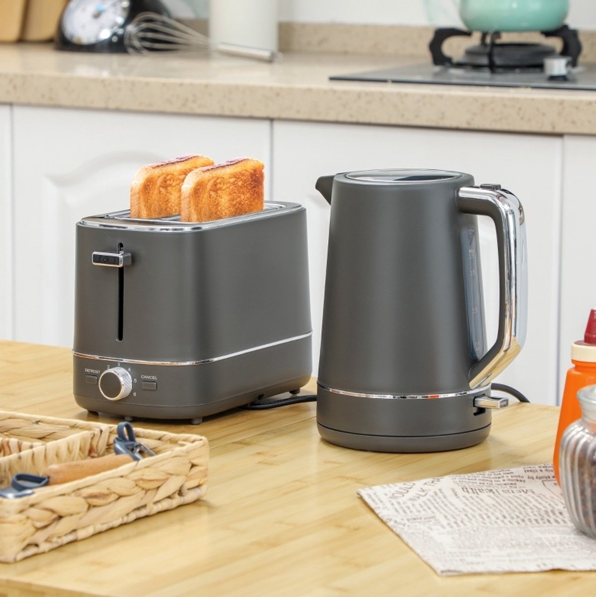 MODFU - Waterkoker En Toaster Set - 1,7 L - 6 Bruiningsstanden - Grijs