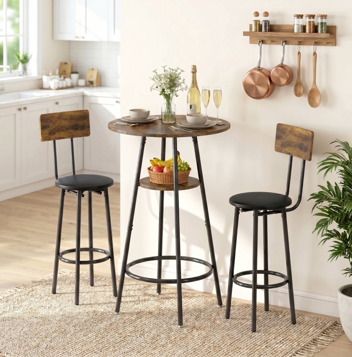 DESMIU Bartisch Set Met 2 Barkrukken - Geïntegreerde Opbergplank En Voetsteunen - Voor Keuken En Kleine Eetruimtes - Hout Metaal - Rustic Brown