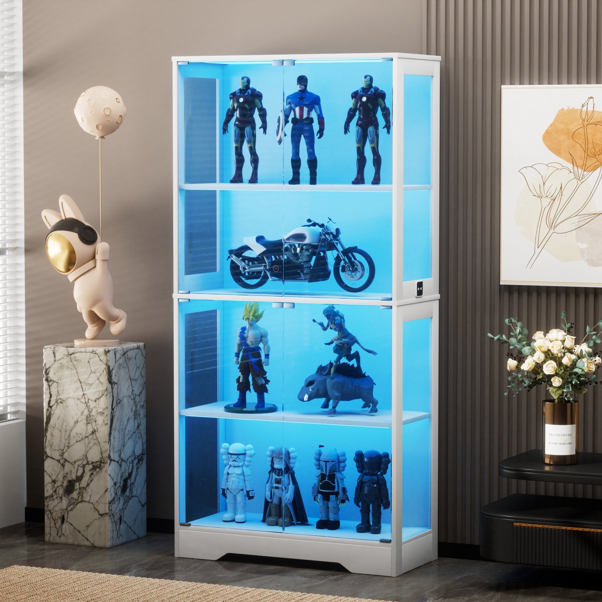 MODFU Glasvitrine - Vitrinekast - LED-Verlichting - Wit - 80 X 35 X 165 Cm