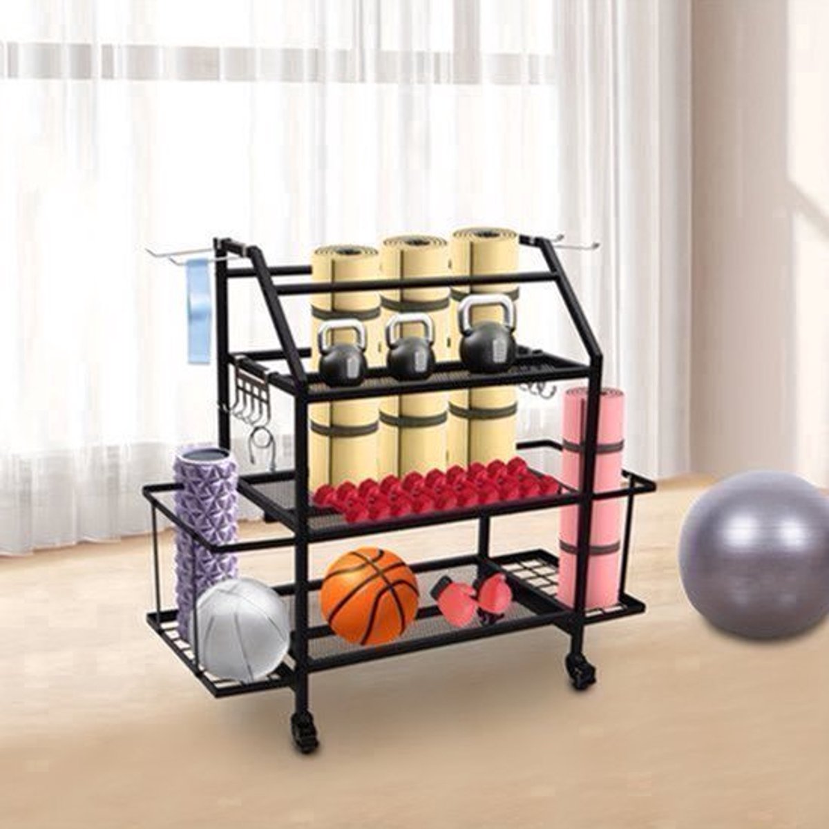 Dumbbellrek – Halterrek – Fitnessrek – Gewichtenrek – Home Gym Organizer – Stalen 3-Laags Rek Met 4 Wielen – Zijhaken Voor Springtouwen en Handdoeken