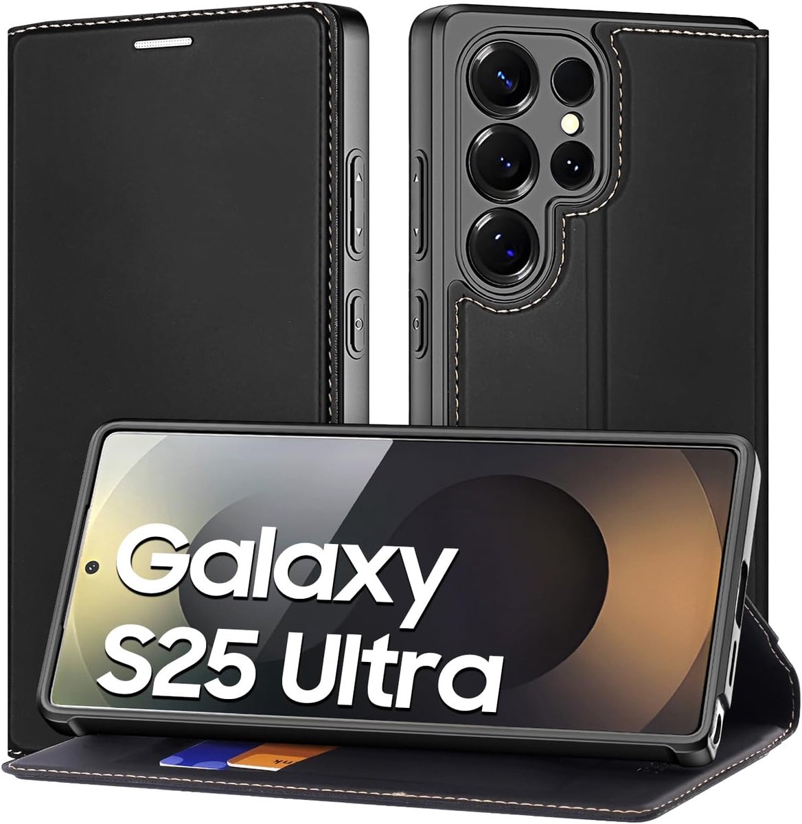 Compatibel met Samsung Galaxy S25 Ultra, met standfunctie, kaartenvak en kaartsleuven, flipcase, zacht PU-leer, schokbestendig, voor Samsung S25 Ultra 5G 2025, Zwart